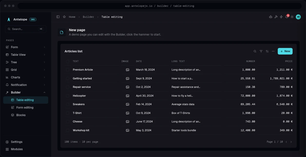 AntelopeJS DMS table editing interface